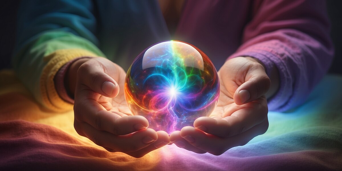 Two cupped hands holding a glowing iridescent sphere with swirling rainbow colors inside, resting above a softly colored blanket.