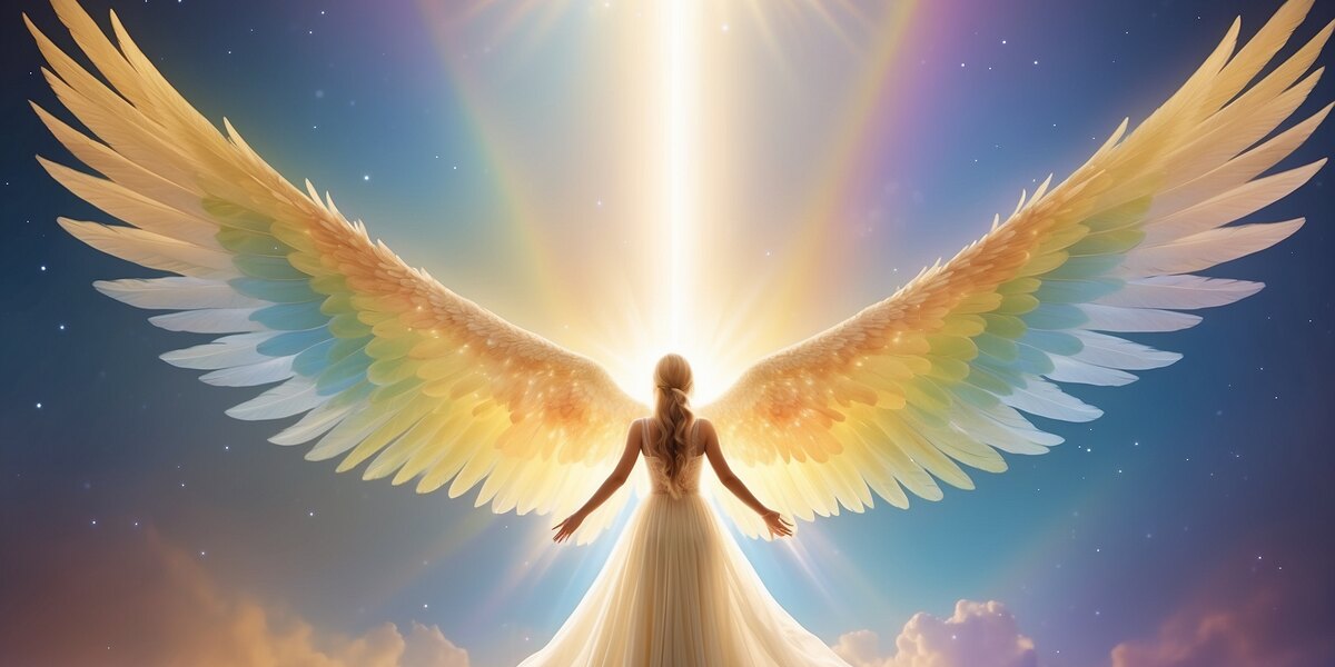 A figure in a pale gown seen from behind with arms open, large golden and white feathered wings spread wide, standing beneath a beam of light in a star-flecked blue sky.