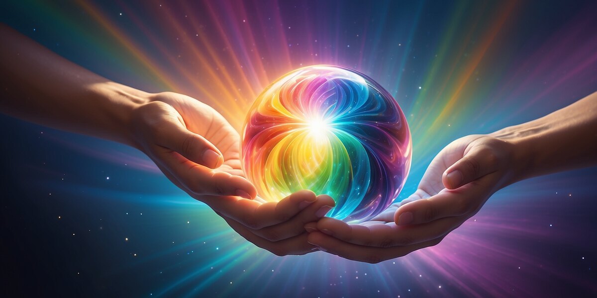 Two hands reaching in from opposite sides to cradle a glowing rainbow sphere between their palms, with rays of light spreading outward against a dark starry background.