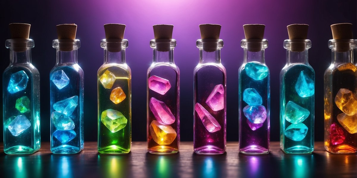 A row of corked glass bottles filled with colored liquid, each holding bright crystals in blue, green, yellow, pink and amber, lit from behind against a purple background.