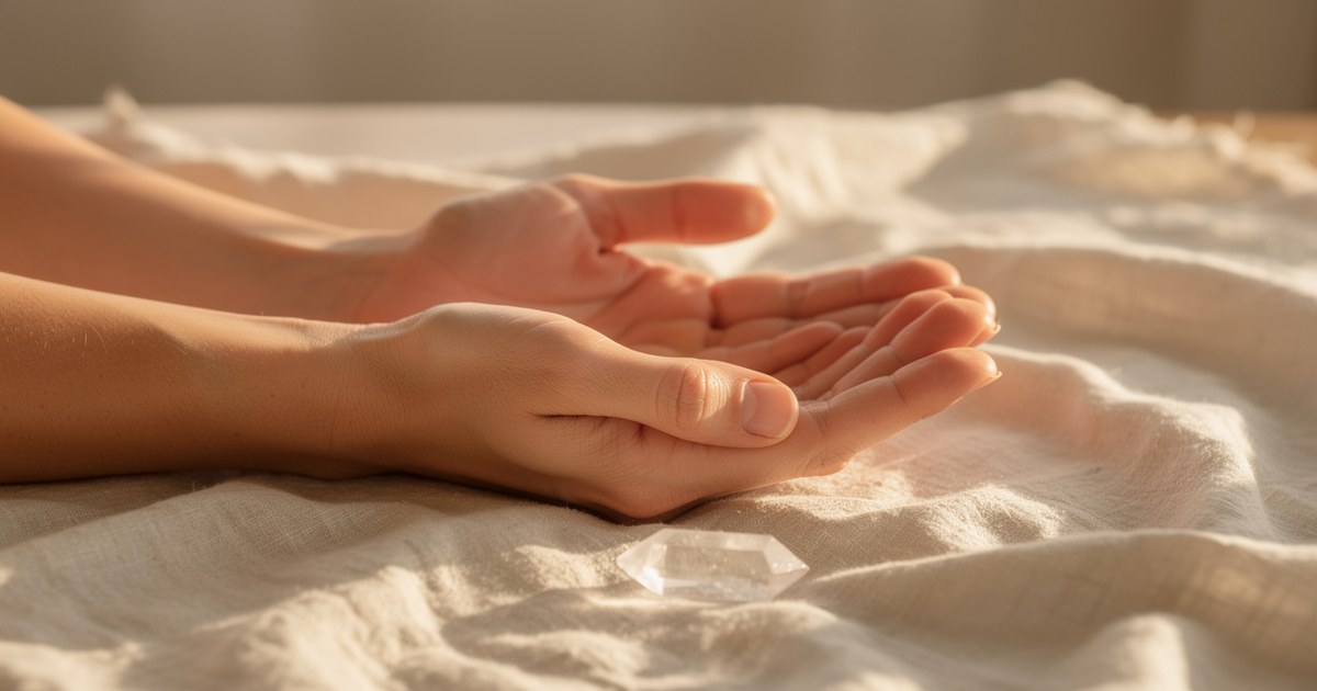 A pair of hands resting palms-up and loosely cupped on rumpled cream linen in soft daylight, with a small clear quartz point lying beside them.