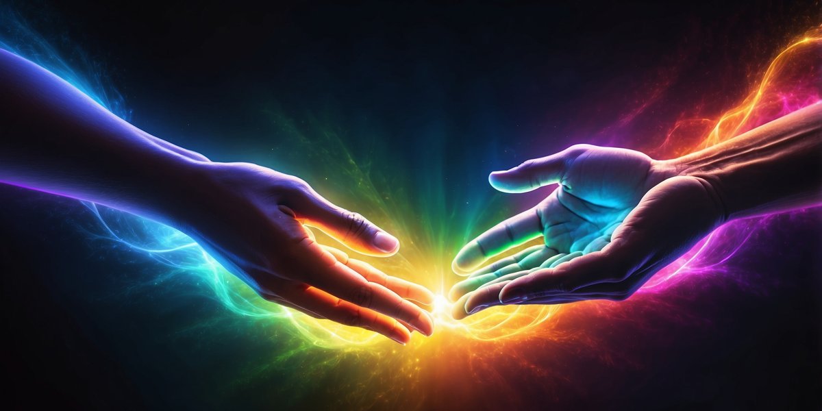 Two hands reaching toward each other from opposite sides, fingertips almost touching, with rainbow light radiating from the small bright point between them against a dark background.